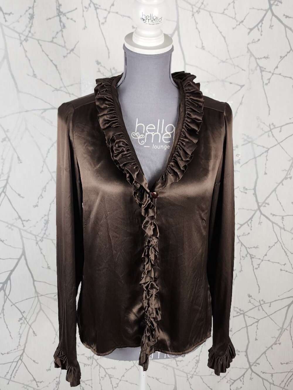 Fidele Brown 100% Silk Satin Ruffle Button Front Blouse